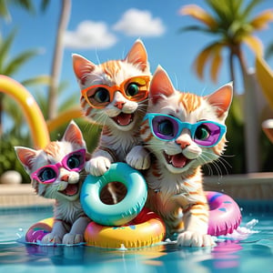 Create an image of a vibrant resort scene with multiple playful kittens enjoying a sunny day in the pool. The kittens are wearing tiny sunglasses and colorful swimsuits, each with a floatation ring around their necks. The pool area is lively, with palm trees and lounge chairs in the background. The lighting is bright and sunny, capturing the playful energy of the kittens as they splash and frolic in the water. The composition focuses on the kittens' joyful expressions and active poses, making the scene both humorous and heartwarming.