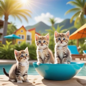 A cheerful summer vacation resort scene with funny kittens engaging in playful activities. The kittens are enjoying the sunny resort, with a focus on their humorous interactions and lively expressions. The composition highlights the kittens' joyful moments, set against a vibrant, inviting resort backdrop.