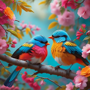 Craft a vivid digital painting of two beautiful, brightly colored birds perched on a tree branch, engaging in a gentle grooming session. The background is adorned with a profusion of flowers, creating a serene and colorful setting. The artwork captures the birds in a close-up view, highlighting their intricate feather patterns and the tender interaction. The digital art utilizes vibrant colors and detailed brushwork to bring the scene to life, emphasizing the natural beauty and harmony of the birds amidst the floral backdrop.