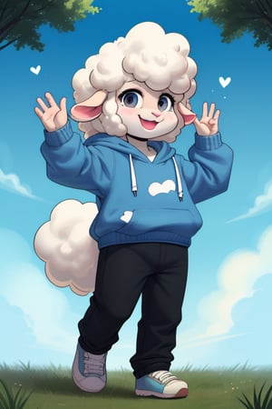 a full body, anthropomorphic sheep teen wearing a blue hoodie, pants, sheep face, cute face, smiling, glossy fur, big fluffy neckfur, arms in the air staring upwards