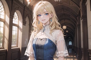 1girl, solo, ((Blonde hair)), (bangs), wavy hair, blue eyes, ((small chest:1.2)), cute smile, earing, wearing a ((modest lace dress:1.5)), short sleeve, by Raphael, masterpiece, upper body shot, magnificent indoor hall