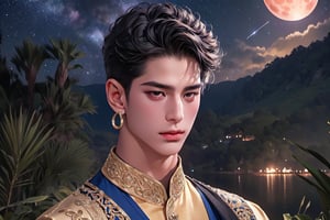 RWA photo, best quality, masterpiece, 8K resolution, ((solo:1.3)), ((1boy)), ready for battle, Asian beautiful teen boy, exquisite facial features, wearing luxurious blue Kurta, adorned with golden earrings, ((black short hair)), ((curly hair)), black eyes, close up portrait, perfect figure, cinematic lighting, in starlit night with big moon, at acient palace