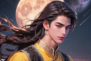 RWA photo, best quality, masterpiece, 8K resolution, ((solo:1.3)), ((1boy)), smirk, Europe handsome teen boy, exquisite facial features, wearing luxurious (purple Kurta), adorned with crystal earrings, ((light brown long wavy hair)), ((floating hair)), ((very dark skin)), ((very long bangs)), ((fat lip)), black eyes, ((thick eyebrows)), angular jaw, thick neck, close up portrait, perfect figure, cinematic lighting, in starlit night with (big moon)