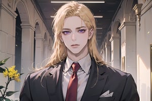 Nitrey, 1 man, mature, ((solo focus)), ((Goldenrod hair)), ((long straight hair)), purple eyes, serious, ((Medium score)), (((half-down:1.5))), To reveal the forehead, handsome, angular jaw,  thick neck, ((School uniform:1.3)), red tie, by Raphael, masterpiece, (upper body:1.3), depth of field, magnificent indoor hall