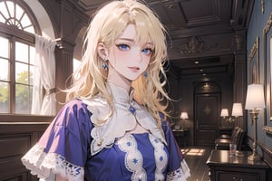 1girl, solo, ((Blonde hair)), (bangs), wavy hair, blue eyes, ((small chest:1.2)), seductive smile, earing, wearing a pink ((modest dress:1.5)), lace, satin, layer skirt, short sleeve, by Raphael, masterpiece, upper body shot, magnificent indoor hall