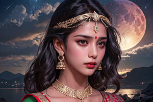 RWA photo, best quality, masterpiece, 8K resolution, ((solo:1.3)), ((1girl)), Indian beautiful teen girl, exquisite facial features, wearing luxurious saree, adorned with elaborate golden earrings and headpiece, ((black short hair)), ((wavy hair)), ((dark skin)), black eyes, serious expression, close up portrait, perfect figure, cinematic lighting, in starlit night with big moon