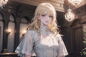 1girl, solo, ((Blonde hair)), (bangs), wavy hair, blue eyes, ((small chest:1.2)), seductive smile, earing, wearing a ((modest lace dress:1.5)), short sleeve, by Raphael, masterpiece, upper body shot, magnificent indoor hall