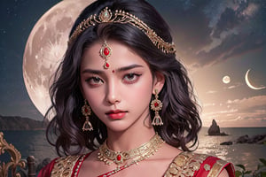 RWA photo, best quality, masterpiece, 8K resolution, ((solo:1.3)), ((1girl)), Indian beautiful teen girl, exquisite facial features, wearing luxurious red saree, adorned with elaborate golden earrings and headpiece, ((black short hair)), ((wavy hair)), ((dark skin)), black eyes, serious expression, close up portrait, perfect figure, cinematic lighting, in starlit night with big moon, at acieny palace