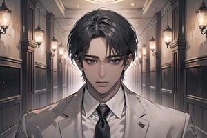 ((black very short hair)), (((dark skin:1.5))), ((center-parting bangs:1.4)), black eyes, mature, angular jaw, thick neck, wearing a ((suit)), ((red tie)), by Raphael, masterpiece, upper body shot, magnificent indoor hall, Dichloe,1 man,1 boy