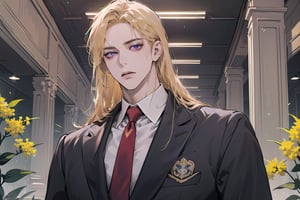 Nitrey, 1 man, mature, ((solo focus)), ((Goldenrod hair)), ((long straight hair)), purple eyes, serious, ((Medium score)), (((half-down:1.5))), To reveal the forehead, handsome, angular jaw,  thick neck, ((School uniform:1.3)), red tie, by Raphael, masterpiece, (upper body:1.3), depth of field, magnificent indoor hall