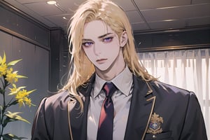 Nitrey, 1 man, mature, ((solo focus)), ((Goldenrod hair)), ((long straight hair)), purple eyes, serious, ((Medium score)), (((half-down:1.5))), To reveal the forehead, handsome, angular jaw,  thick neck, ((School uniform:1.3)), red tie, by Raphael, masterpiece, (upper body:1.3), depth of field, magnificent indoor hall