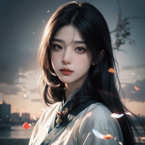 RWA photo, best quality, masterpiece, 8K resolution, Chinese beautiful teen girl, exquisite facial features, wearing white ancient Chinese hanfu,  (black long straight hair flowing down), (yellow eyes), close up portrait, wide angle, surreal style, illustration, perfect figure, cinematic texture, soft colors, exquisite details and textures, divine presence, vivid color reflections