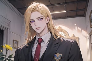 Nitrey, 1 man, mature, ((solo focus)), ((Goldenrod hair)), ((long straight hair)), purple eyes, serious, ((Medium score)), (((half-down:1.5))), To reveal the forehead, handsome, angular jaw,  thick neck, ((School uniform:1.3)), red tie, by Raphael, masterpiece, upper body shot, magnificent indoor hall