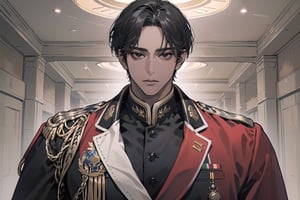  ((black very short hair)), (((dark skin:1.5))), ((center-parting bangs:1.4)), black eyes, ((mature)), serious, angular jaw, thick neck, wearing a (military uniform:1.3), long sleeve, by Raphael, masterpiece, upper body shot, magnificent indoor hall, Dichloe,1 man,1 boy