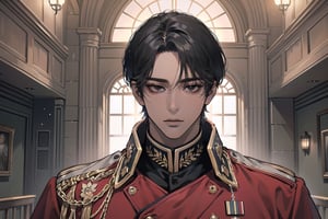  ((black very short hair)), (((dark skin:1.5))), ((center-parting bangs:1.4)), black eyes, ((mature)), angular jaw, thick neck, wearing a (military uniform:1.3), long sleeve, by Raphael, masterpiece, upper body shot, magnificent indoor hall, Dichloe,1 man,1 boy