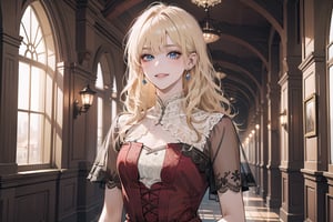 1girl, solo, ((Blonde hair)), (bangs), wavy hair, blue eyes, ((small chest:1.2)), cute smile, earing, wearing a ((red)) ((modest lace dress:1.5)), short sleeve, by Raphael, masterpiece, upper body shot, magnificent indoor hall