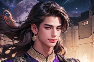 RWA photo, best quality, masterpiece, 8K resolution, ((solo:1.3)), ((1boy)), ((evil smle)), Europe handsome teen boy, exquisite facial features, wearing luxurious (purple Kurta), adorned with crystal earrings, ((light brown long wavy hair)), ((floating hair)), ((very dark skin)), ((fat lip)), black eyes, ((thick eyebrows)), angular jaw, thick neck, close up portrait, perfect figure, cinematic lighting, in starlit night with (big moon)