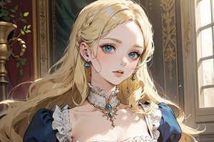 1 woman, solo, ((blonde curly long hair)), blue eyes, Victorian beauty, Victorian gowns, by Raphael, masterpiece, Renaissance, close up portrait,