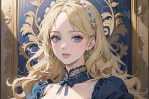 1 woman, solo, ((blonde curly long hair)), blue eyes, Victorian beauty, Victorian gowns, by Raphael, masterpiece, Renaissance, close up portrait,