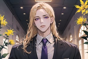 Nitrey, 1 man, mature, ((solo focus)), ((Goldenrod hair)), ((long straight hair)), purple eyes, serious, ((Medium score)), (((half-down:1.5))), To reveal the forehead, handsome, angular jaw,  thick neck, ((School uniform:1.3)), tie, by Raphael, masterpiece, upper body shot, magnificent indoor hall