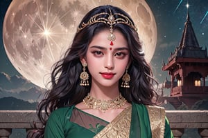 RWA photo, best quality, masterpiece, 8K resolution, ((solo:1.3)), ((1girl)), Indian beautiful teen girl, exquisite facial features, wearing luxurious green saree, adorned with elaborate golden earrings and headpiece, ((black long hair)), ((wavy hair)), ((dark skin)), black eyes, evil smile, close up portrait, perfect figure, cinematic lighting, in starlit night with big moon, at acieny palace