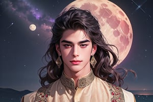 RWA photo, best quality, masterpiece, 8K resolution, ((solo:1.3)), ((1boy)), ((evil smle)), Europe handsome teen boy, exquisite facial features, wearing luxurious (purple Kurta), adorned with crystal earrings, ((light brown long wavy hair)), ((floating hair)), ((very dark skin)), ((fat lip)), black eyes, ((thick eyebrows)), angular jaw, thick neck, close up portrait, perfect figure, cinematic lighting, in starlit night with (big moon)