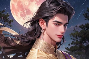 RWA photo, best quality, masterpiece, 8K resolution, ((solo:1.3)), ((1boy)), ((evil smle)), Europe handsome teen boy, exquisite facial features, wearing luxurious (purple Kurta), adorned with crystal earrings, ((light brown long wavy hair)), ((floating hair)), ((very dark skin)), ((fat lip)), black eyes, ((thick eyebrows)), angular jaw, thick neck, close up portrait, perfect figure, cinematic lighting, in starlit night with (big moon)