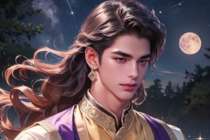 RWA photo, best quality, masterpiece, 8K resolution, ((solo:1.3)), ((1boy)), smirk, Europe handsome teen boy, exquisite facial features, wearing luxurious (purple Kurta), adorned with crystal earrings, ((light brown long wavy hair)), ((floating hair)), ((very dark skin)), ((very long bangs)), ((fat lip)), black eyes, ((thick eyebrows)), angular jaw, thick neck, close up portrait, perfect figure, cinematic lighting, in starlit night with (big moon)