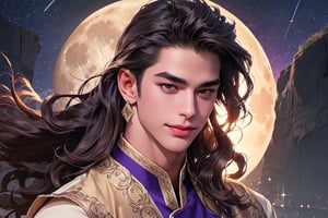 RWA photo, best quality, masterpiece, 8K resolution, ((solo:1.3)), ((1boy)), ((evil smle)), Europe handsome teen boy, exquisite facial features, wearing luxurious (purple Kurta), adorned with crystal earrings, ((light brown long wavy hair)), ((floating hair)), ((very dark skin)), ((fat lip)), black eyes, ((thick eyebrows)), angular jaw, thick neck, close up portrait, perfect figure, cinematic lighting, in starlit night with (big moon)