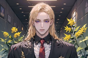 Nitrey, 1 man, mature, ((solo focus)), ((Goldenrod hair)), ((long straight hair)), purple eyes, serious, ((Medium score)), (((half-down:1.5))), To reveal the forehead, handsome, angular jaw,  thick neck, ((School uniform:1.3)), red tie, by Raphael, masterpiece, upper body shot, magnificent indoor hall