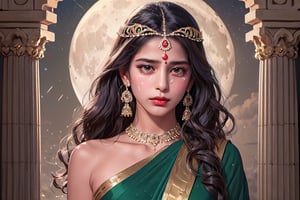 RWA photo, best quality, masterpiece, 8K resolution, ((solo:1.3)), ((1girl)), crying big tears, highly detailed tears drip down the cheeks of /Indian beautiful teen girl, exquisite facial features, wearing luxurious green saree, adorned with elaborate golden earrings and headpiece, ((black long hair)), ((wavy hair)), ((dark skin)), black eyes, close up portrait, perfect figure, cinematic lighting, in starlit night with big moon, at acieny palace