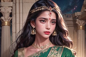 RWA photo, best quality, masterpiece, 8K resolution, ((solo:1.3)), ((1girl)), crying big tears, Indian beautiful teen girl, exquisite facial features, wearing luxurious green saree, adorned with elaborate golden earrings and headpiece, ((black long hair)), ((wavy hair)), ((dark skin)), black eyes, close up portrait, perfect figure, cinematic lighting, in starlit night with big moon, at acieny palace