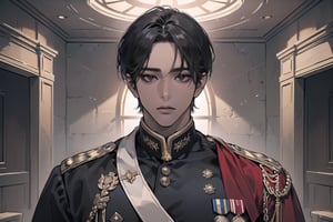  ((black very short hair)), (((dark skin:1.5))), ((center-parting bangs:1.4)), black eyes, ((mature)), angular jaw, thick neck, wearing a (military uniform:1.3), long sleeve, by Raphael, masterpiece, upper body shot, magnificent indoor hall, Dichloe,1 man,1 boy