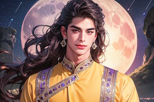 RWA photo, best quality, masterpiece, 8K resolution, ((solo:1.3)), ((1boy)), ((evil smle)), Europe handsome teen boy, exquisite facial features, wearing luxurious (purple Kurta), adorned with crystal earrings, ((light brown long wavy hair)), ((floating hair)), ((very dark skin)), ((fat lip)), black eyes, ((thick eyebrows)), angular jaw, thick neck, close up portrait, perfect figure, cinematic lighting, in starlit night with (big moon)