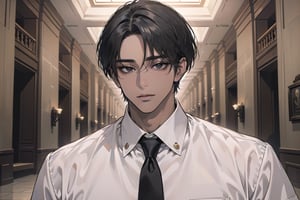 ((black very short hair)), (((dark skin:1.5))), ((center-parting bangs:1.4)), black eyes, mature, angular jaw, thick neck, ((white)) ((shirt:1.3)), short sleeve, tie, by Raphael, masterpiece, upper body shot, magnificent indoor hall, Dichloe,1 man,1 boy