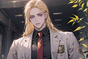 Nitrey, 1 man, mature, ((solo focus)), ((Goldenrod hair)), ((long straight hair)), purple eyes, serious, ((Medium score)), (((half-down:1.5))), To reveal the forehead, handsome, angular jaw,  thick neck, ((School uniform:1.3)), red tie, by Raphael, masterpiece, upper body shot, magnificent indoor hall