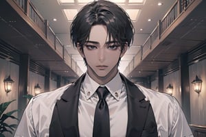 ((black very short hair)), (((dark skin:1.5))), ((center-parting bangs:1.4)), black eyes, mature, angular jaw, thick neck, ((white)) ((shirt:1.3)), short sleeve, red tie, by Raphael, masterpiece, upper body shot, magnificent indoor hall, Dichloe,1 man,1 boy