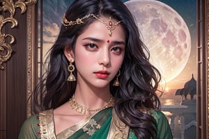 RWA photo, best quality, masterpiece, 8K resolution, ((solo:1.3)), ((1girl)), Indian beautiful teen girl, exquisite facial features, wearing luxurious green saree, adorned with elaborate golden earrings and headpiece, ((black long hair)), ((wavy hair)), ((dark skin)), black eyes, crying_with_eyes_open, close up portrait, perfect figure, cinematic lighting, in starlit night with big moon, at acieny palace