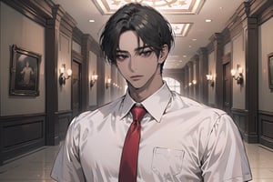 ((black very short hair)), (((dark skin:1.5))), ((center-parting bangs:1.4)), black eyes, mature, angular jaw, thick neck, ((white)) ((shirt:1.3)), short sleeve, red tie, by Raphael, masterpiece, upper body shot, magnificent indoor hall, Dichloe,1 man,1 boy