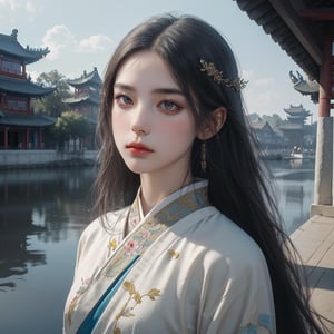 RWA photo, best quality, masterpiece, 8K resolution, beauiful girl, (exquisite facial features: 1.3), wearing white ancient Chinese costume, ready for battle, (black long straight hair flowing down), (yellow eyes), close up portrait, wide angle, surreal style, illustration, perfect figure, cinematic texture, soft colors, exquisite details and textures, divine presence, vivid color reflections