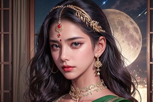 RWA photo, best quality, masterpiece, 8K resolution, ((solo:1.3)), ((1girl)), Indian beautiful teen girl, exquisite facial features, wearing luxurious green saree, adorned with elaborate golden earrings and headpiece, ((black long hair)), ((wavy hair)), ((dark skin)), black eyes, teary-eyed, with tears, close up portrait, perfect figure, cinematic lighting, in starlit night with big moon, at acieny palace