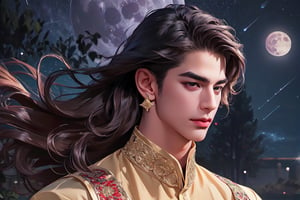 RWA photo, best quality, masterpiece, 8K resolution, ((solo:1.3)), ((1boy)), smirk, Europe handsome teen boy, exquisite facial features, wearing luxurious (purple Kurta), adorned with crystal earrings, ((light brown long wavy hair)), ((floating hair)), ((very dark skin)), ((fat lip)), black eyes, ((thick eyebrows)), angular jaw, thick neck, close up portrait, perfect figure, cinematic lighting, in starlit night with (big moon)