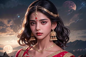 RWA photo, best quality, masterpiece, 8K resolution, ((solo:1.3)), ((1girl)), Indian beautiful teen girl, exquisite facial features, wearing luxurious saree, adorned with elaborate golden earrings and headpiece, ((black short hair)), ((wavy hair)), ((dark skin)), black eyes, serious expression, close up portrait, perfect figure, cinematic lighting, in starlit night with big moon