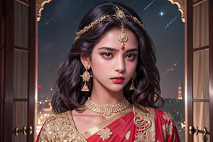 RWA photo, best quality, masterpiece, 8K resolution, ((solo:1.3)), ((1girl)), Indian beautiful teen girl, exquisite facial features, wearing luxurious red saree, adorned with elaborate golden earrings and headpiece, ((black short hair)), ((wavy hair)), ((dark skin)), black eyes, serious expression, close up portrait, perfect figure, cinematic lighting, in starlit night with big moon, at acieny palace