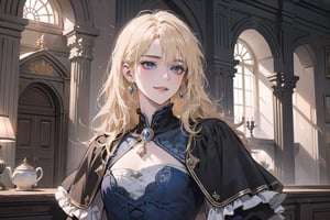 1girl, solo, ((Blonde hair)), (bangs), wavy hair, blue eyes, ((small chest:1.3)), seductive smile, earing, wearing a ((Royal Victorian dress)), by Raphael, masterpiece, upper body shot, magnificent indoor hall