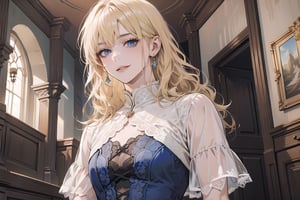 1girl, solo, ((Blonde hair)), (bangs), wavy hair, blue eyes, ((small chest:1.2)), seductive smile, earing, wearing a ((modest lace dress:1.5)), short sleeve, by Raphael, masterpiece, upper body shot, magnificent indoor hall