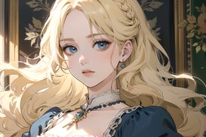 1 woman, solo, ((blonde curly long hair)), blue eyes, Victorian beauty, Victorian gowns, by Raphael, masterpiece, Renaissance, close up portrait,