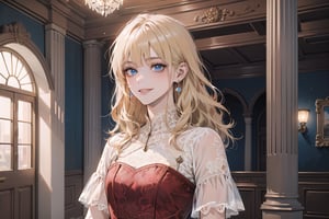 1girl, solo, ((Blonde hair)), (bangs), wavy hair, blue eyes, ((small chest:1.2)), cute smile, earing, wearing a ((red)) ((modest lace dress:1.5)), short sleeve, by Raphael, masterpiece, upper body shot, magnificent indoor hall