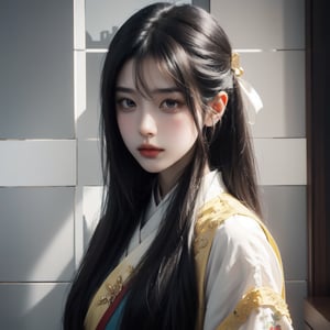 RWA photo, best quality, masterpiece, 8K resolution, Chinese beautiful teen girl, exquisite facial features, wearing white ancient Chinese hanfu,  (black long straight hair flowing down), ((yellow eyes)), close up portrait, wide angle, surreal style, illustration, perfect figure, cinematic texture, soft colors, exquisite details and textures, divine presence, vivid color reflections