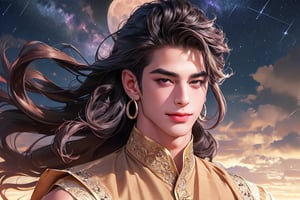 RWA photo, best quality, masterpiece, 8K resolution, ((solo:1.3)), ((1boy)), ((evil smle)), Europe handsome teen boy, exquisite facial features, wearing luxurious (purple Kurta), adorned with crystal earrings, ((light brown long wavy hair)), ((floating hair)), ((very dark skin)), ((fat lip)), black eyes, ((thick eyebrows)), angular jaw, thick neck, close up portrait, perfect figure, cinematic lighting, in starlit night with (big moon)